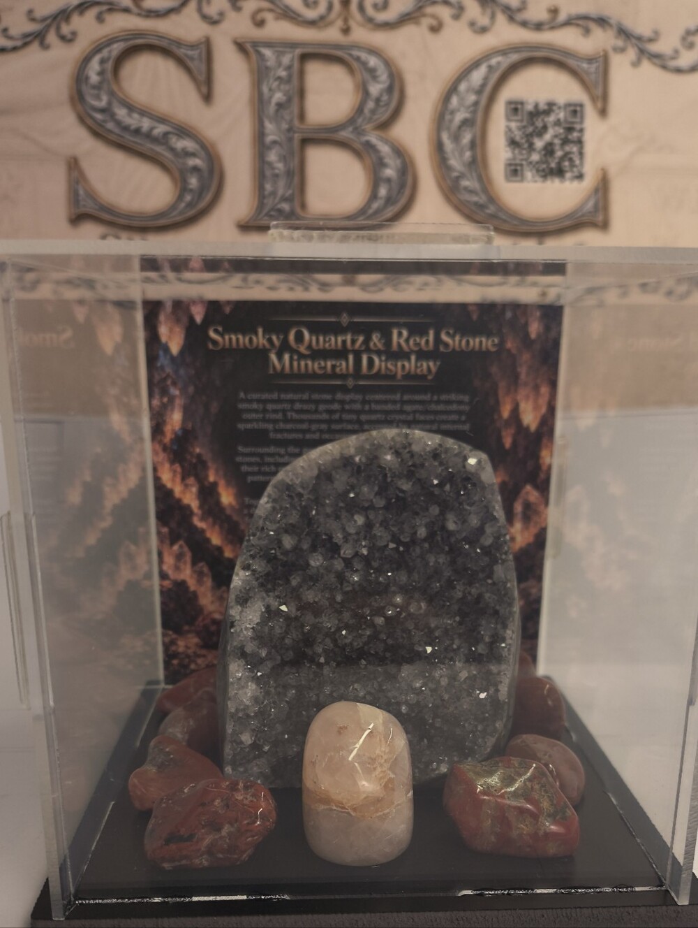 Smoky Quartz Druzy Geode Red Jasper Carnelian Mineral Display Case